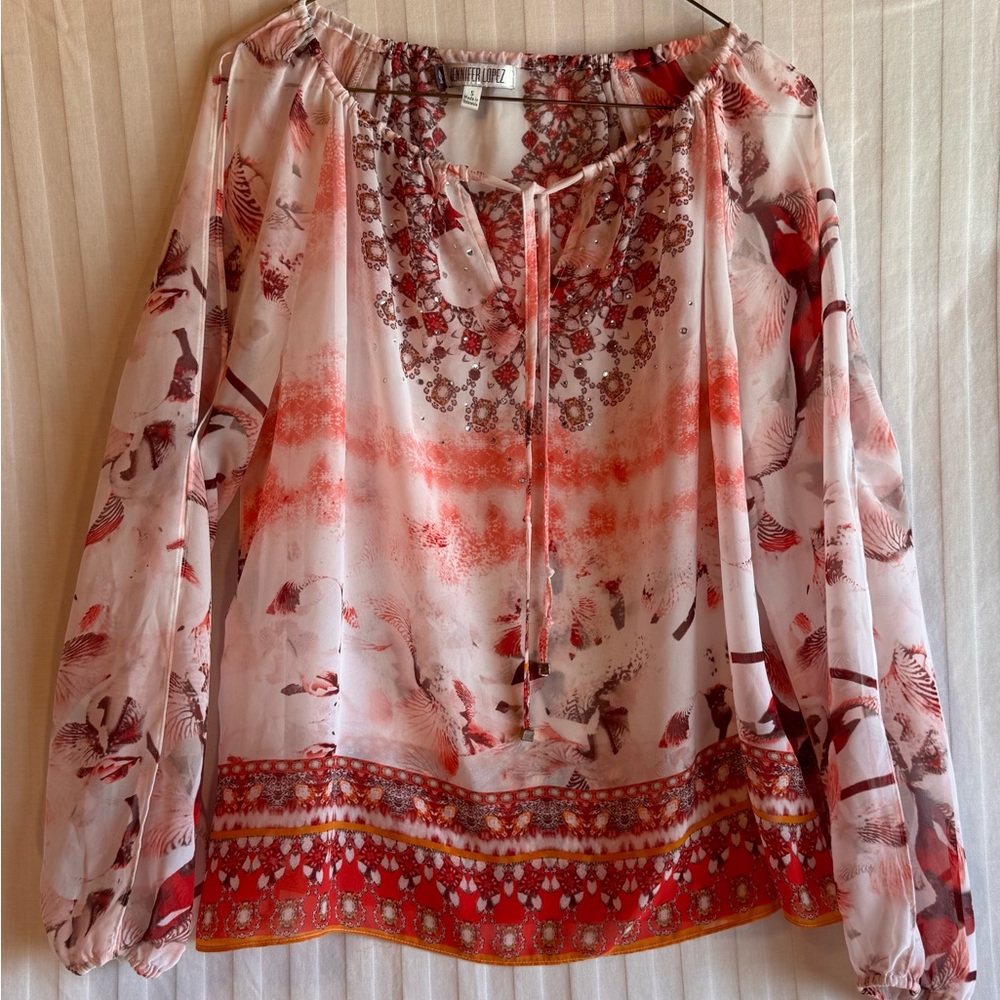 Jennifer Lopez BOHO Y2K Beaded Blouse Sz Small Cottage Chic EUC